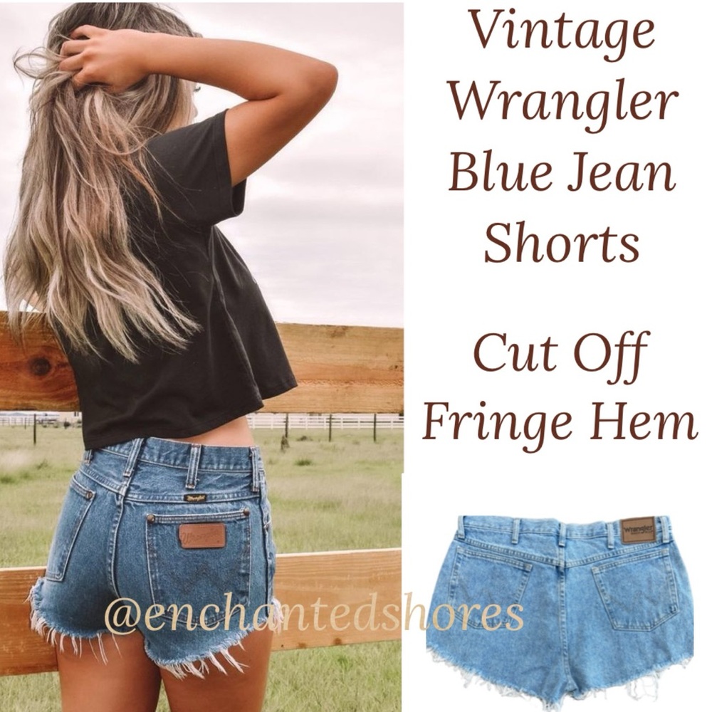 Vintage Wrangler Jean Shorts Cut Off Raw Hem Fringe Distressed Wash Size 38 XL